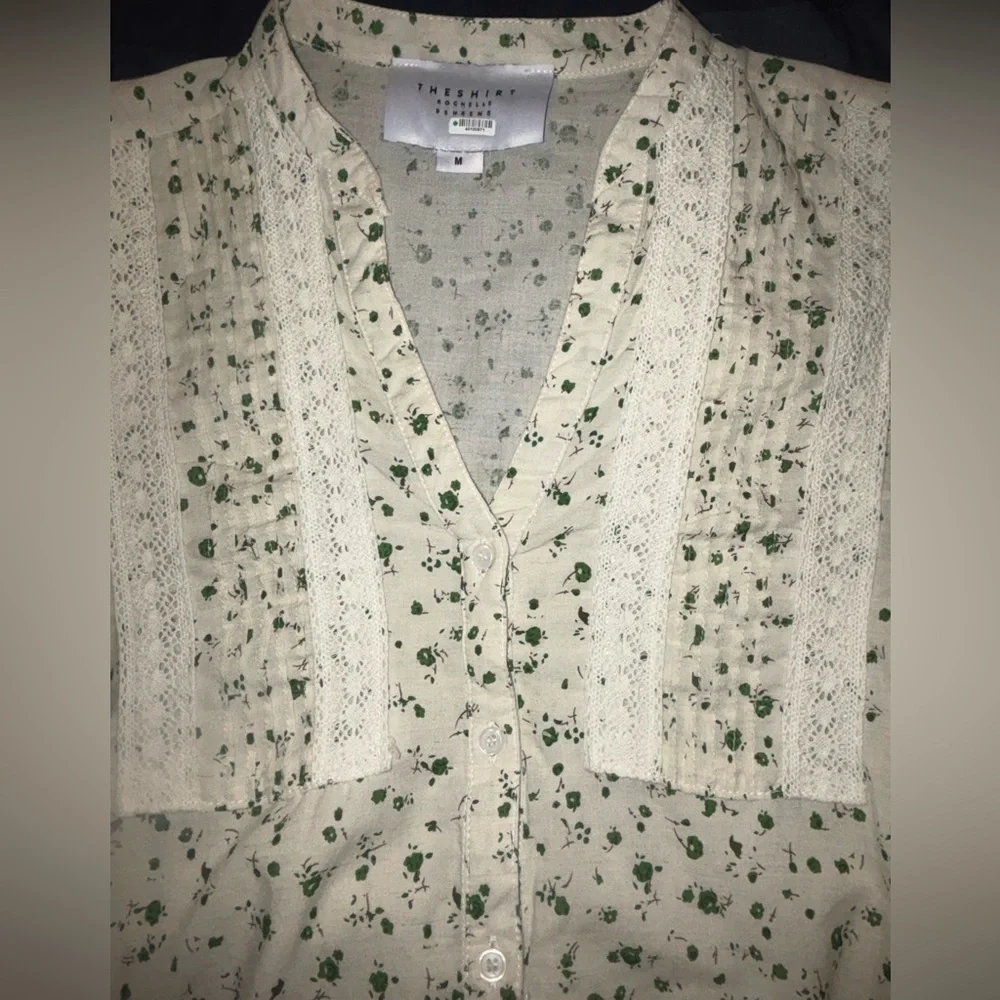 The Shirt by Rochelle Behrens Cream Green Floral Print Lace Button Down Womens M - Picture 4 of 6